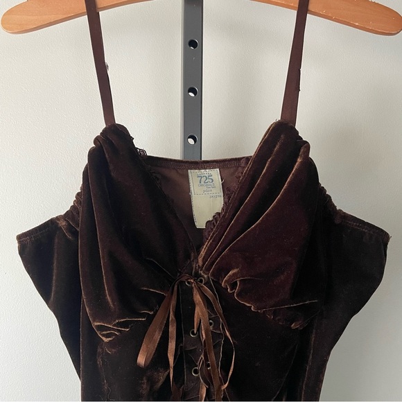 Y2K Vintage 725 Originals Velvet Velour Corset Bustier Lace Up Tank Top Brown - Picture 6 of 6